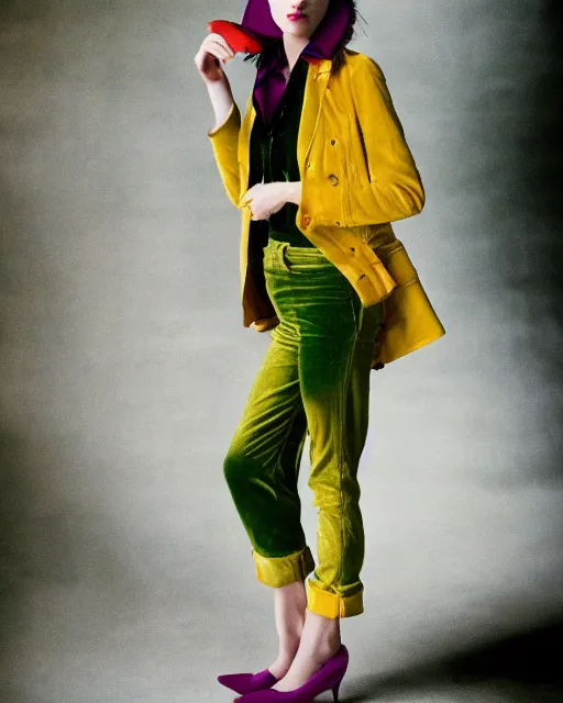 Image similar to photos of young winona ryder wearing a yellow leather jacket, green corduroy pants, a red silk blouse, and purple velvet top hat on her head, photoshoot in the style of annie leibovitz, photorealistic, soft focus, bokeh, 5 0 mm