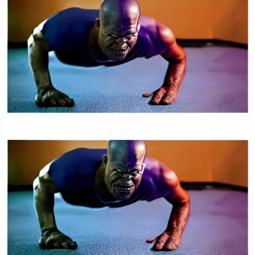 Prompt: thanos doing push - ups in someones basement, taken with an iphone,