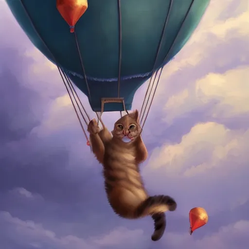 Image similar to a cute cat flying an air balloon , matte fantasy painting, DeviantArt Artstation, by Jason Felix by Steve Argyle by Tyler Jacobson by Peter Mohrbacher