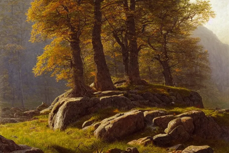 Image similar to runestone, monument, mountains, trees, beautiful nature, very detailed, focused, oil painting, colorful, canvas, artstation, national geographic, Sydney Mortimer Laurence, Albert Bierstadt, Theodor Kittelsen, Hans Dahl, Konstantin Yakovlevich Kryzhitsky