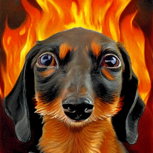 Image similar to Highly detailed portrait of a fire elemental dachshund, painted by Gerald Brom