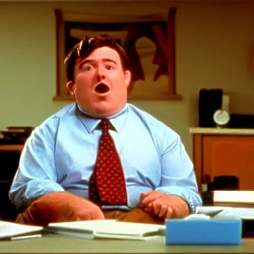 Image similar to clean - shaven chubby white man wearing a shirt and necktie sitting at a desk making a goofy face, 1 9 8 9 movie still, cinematography, cinematic lighting