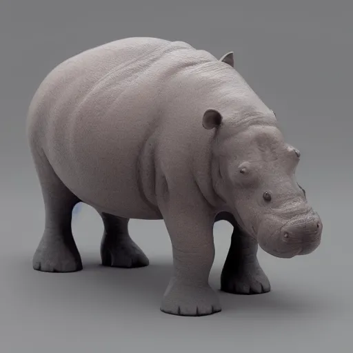 Prompt: simplified hippo figurine made of wood alone and centered on a white to grey gradient background, photorealistic, hyperrealistic, influenced by pixar, 8 k hd, octane render, unreal engine, featured on cgsociety