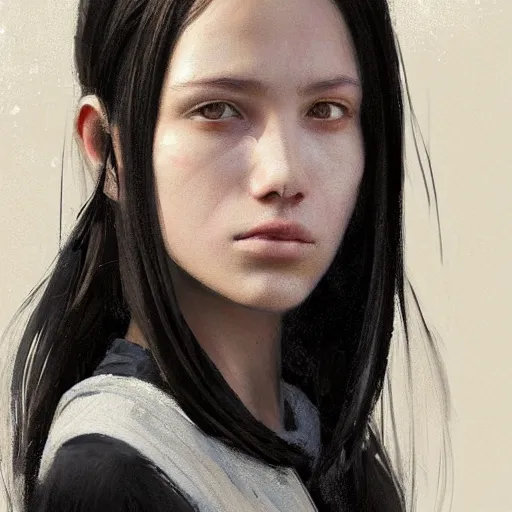 Image similar to portrait of a young woman by greg rutkowski, she is about 2 0 years old, mixture between russian and japanese, pretty, black bob hair with two strands around her face, very tall and slim, wearing a oversized jumper jumpsuit, highly detailed portrait, digital painting, artstation, concept art, smooth, sharp foccus ilustration, artstation hq