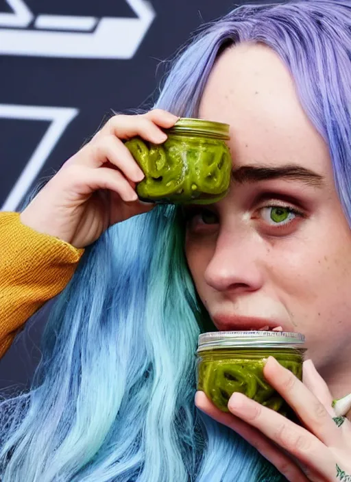 Prompt: Photo of Billie Eilish eating pickles from a jar, cover of a tabloid magazine