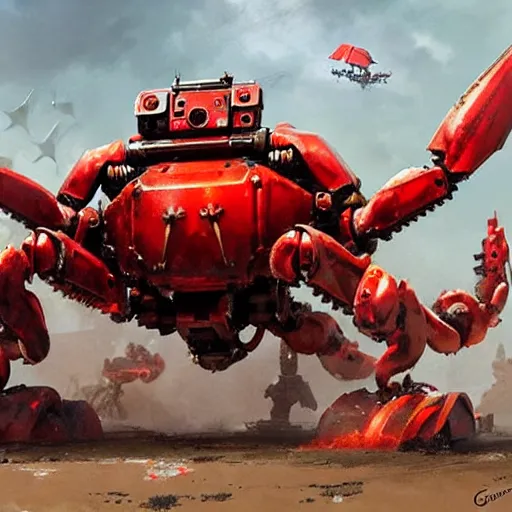 Image similar to giant red mechanical crab with cannon on its back, detailed, military robot, by greg rutkowski and jakub rozalski