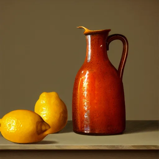 Image similar to still art, antique jug with palms inside, old candle, much vegetables, lemon, orange, pepper, cinematic light, detailed, digital art, concept art, trending on artstation, highly detailed, intricate, sharp focus, digital art, 8 k