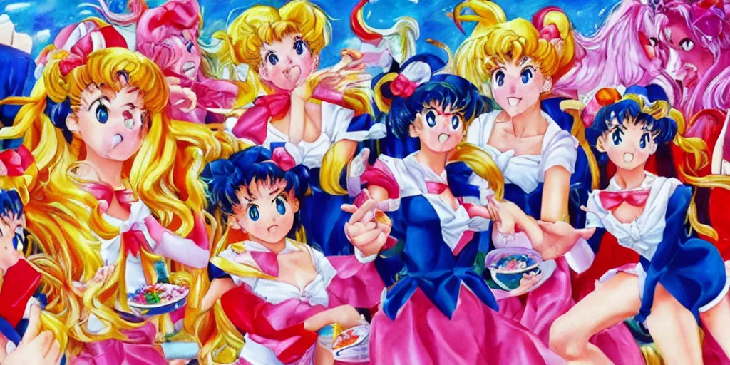 Image similar to sailor moon food fight in cafeteria, detailed facial expression, surrealism aesthetic
