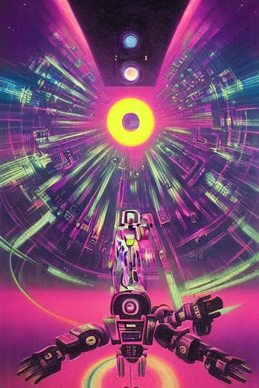 Prompt: 8 0 s art deco planets, stars, supernova, robots, led screens, droids, computers, cinematic dramatic cyberpunk textural fluid lines purple, pink, blue, green. otherworldly vaporwave interesting details fantasy lut epic composition by basquiat zdzisław beksinski james jean artgerm rutkowski moebius francis bacon gustav klimt