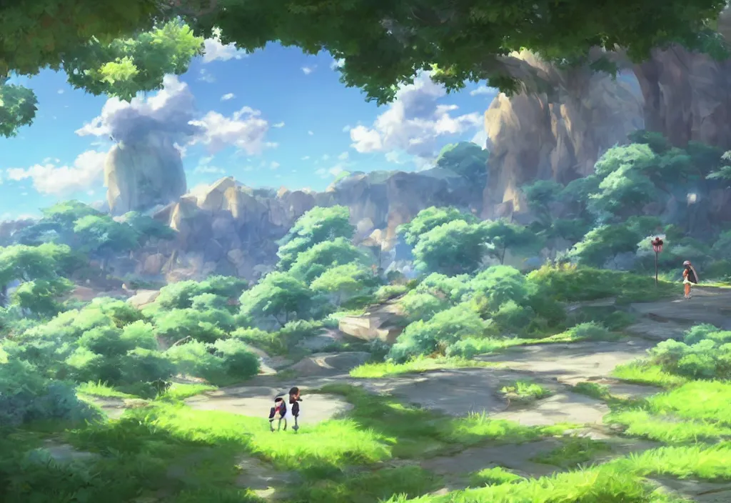 Image similar to pokemon as an open-world videogame, concept art, makoto shinkai