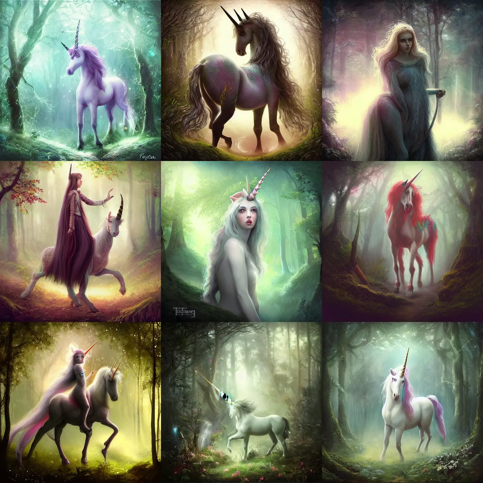 Prompt: “unicorn in a magical forest, trending on art station, in the style of lord of the rings by Tom bagshaw”