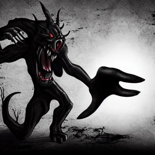 Image similar to monster demon with huge black sharp claws drag man by arm through dark spooky house