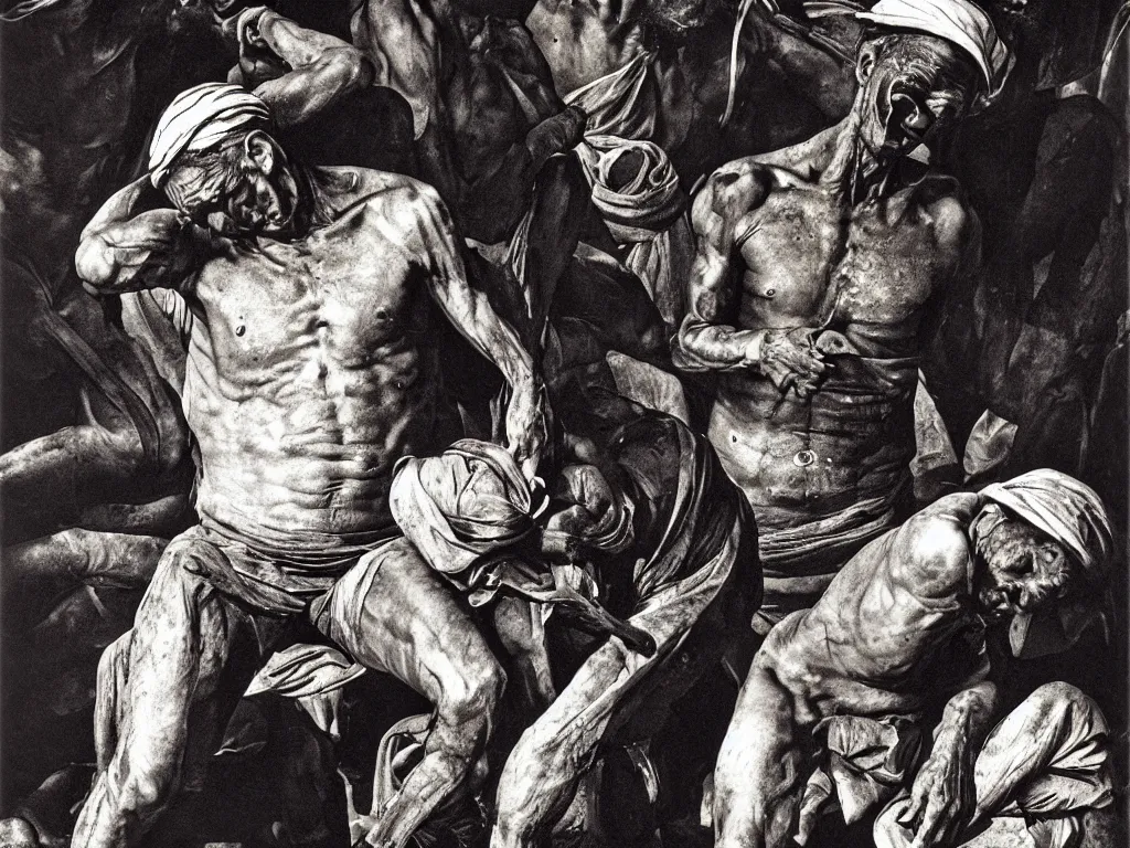 Image similar to The tired, sweaty, muscular worker of the gold mines. Painting by Caravaggio, Sebastiao Salgado