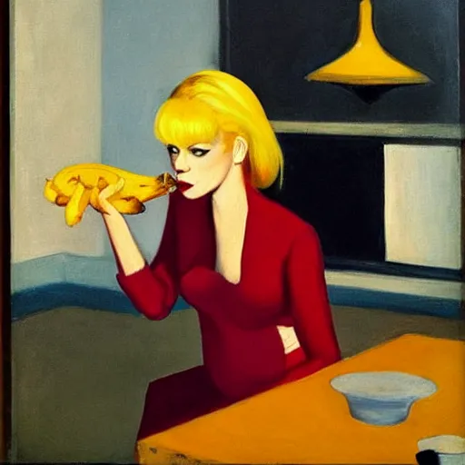 Prompt: blondie singer with banana, edward hopper painting