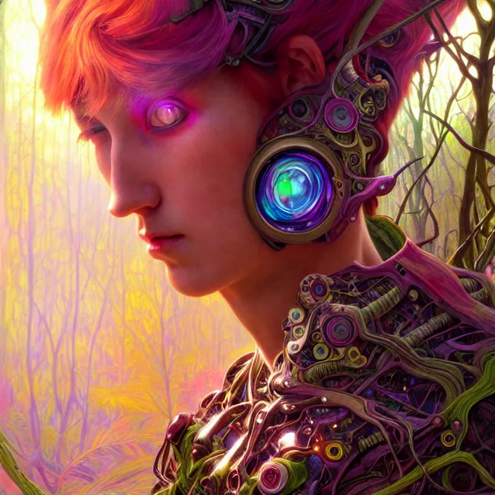 Image similar to bright psychedelic portrait of shy organic cyborg in an ancient forest, diffuse lighting, fantasy, intricate, elegant, highly detailed, lifelike, photorealistic, digital painting, artstation, illustration, concept art, smooth, sharp focus, art by John Collier and Albert Aublet and Krenz Cushart and Artem Demura and Alphonse Mucha