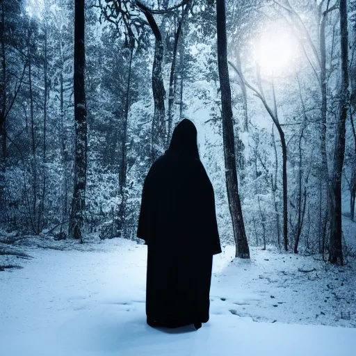 Prompt: lady dressed in a long black robe standing in the shadows of a snowy forest at night