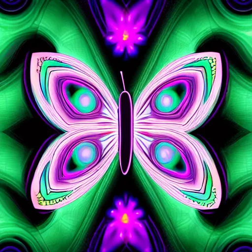 Prompt: spiritual chakra butterfly, vibrant, spectral color, matte black background, horizontal symmetry