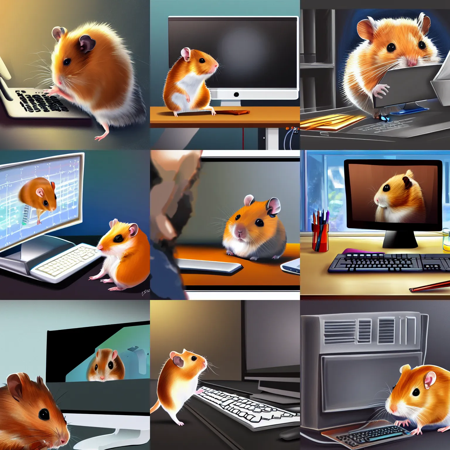 Prompt: a digital painting of a hamster working behind a computer, very detailed. artstation, award winning, digital art, painterly, masterpiece