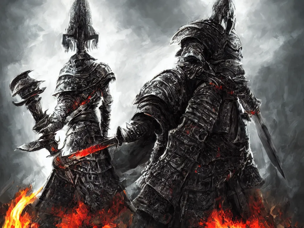 Image similar to warrior of death with big sword and shining armor standing and looking down, out of his back is coming white smoke, in the style of dark souls, conzept art