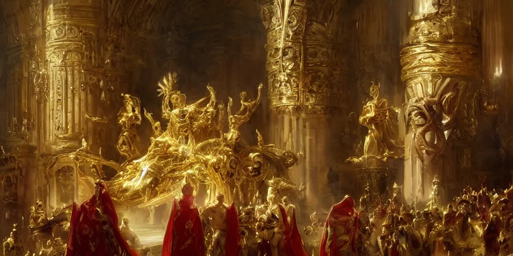 Image similar to beautiful oil painting, high details, alien in royal crimson robes enthroned as the alien god emperor of ancient civilization surrounded by servants in gilded halls a golden wreath upon his head, by anders zorn, wonderful masterpiece by greg rutkowski, beautiful cinematic light, american romanticism, by thomas lawrence, greg rutkowski