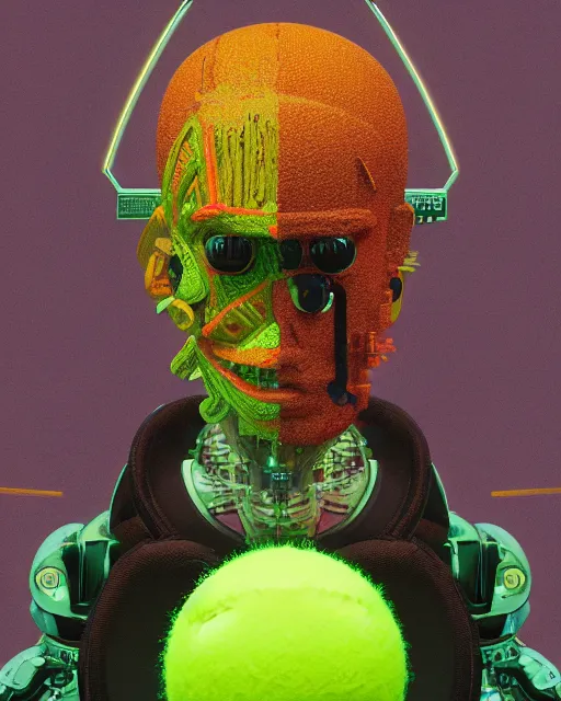 Image similar to portrait of Tennis Ball Monster as a cyborg. intricate abstract. intricate artwork. by Tooth Wu, wlop, beeple, dan mumford. mulholland drive by david lynch, dune by david lynch, octane render, trending on artstation, greg rutkowski very coherent symmetrical artwork. cinematic, hyper realism, high detail, octane render, 8k, iridescent accents