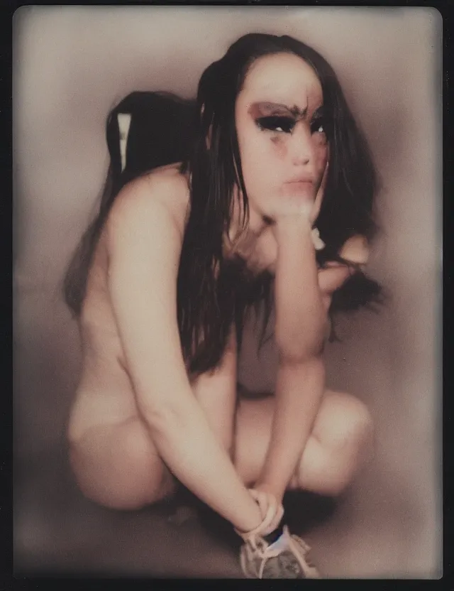 Image similar to polaroid photo with flash, girl sitting on a bad, heavy make up, grunge style, asian, polaroid photo bleached strong lights, kodak film stock, hyper real, stunning moody cinematography, with anamorphic lenses, by maripol, by stanley kubrick, detailed