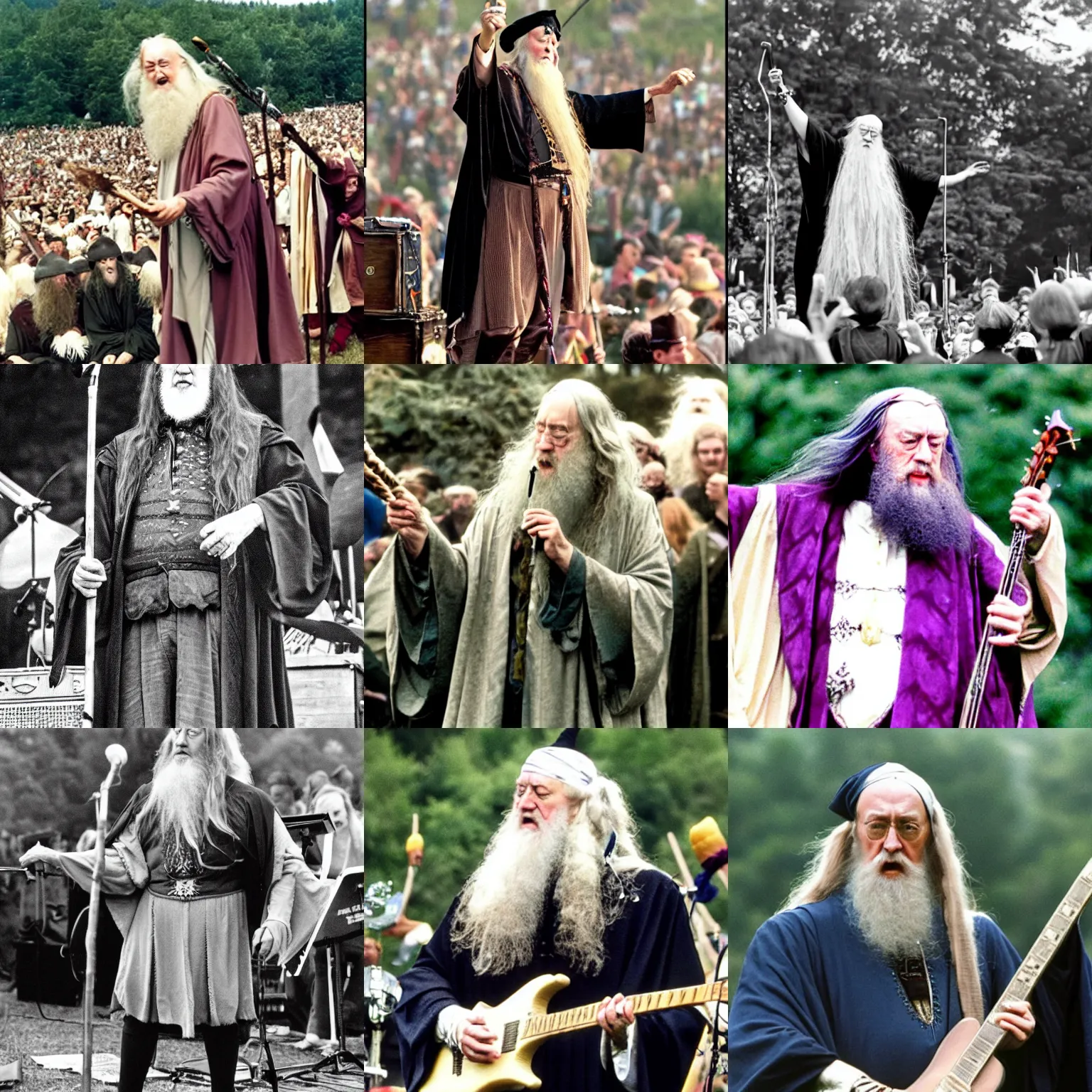 Prompt: Dumbledore performing at Woodstock
