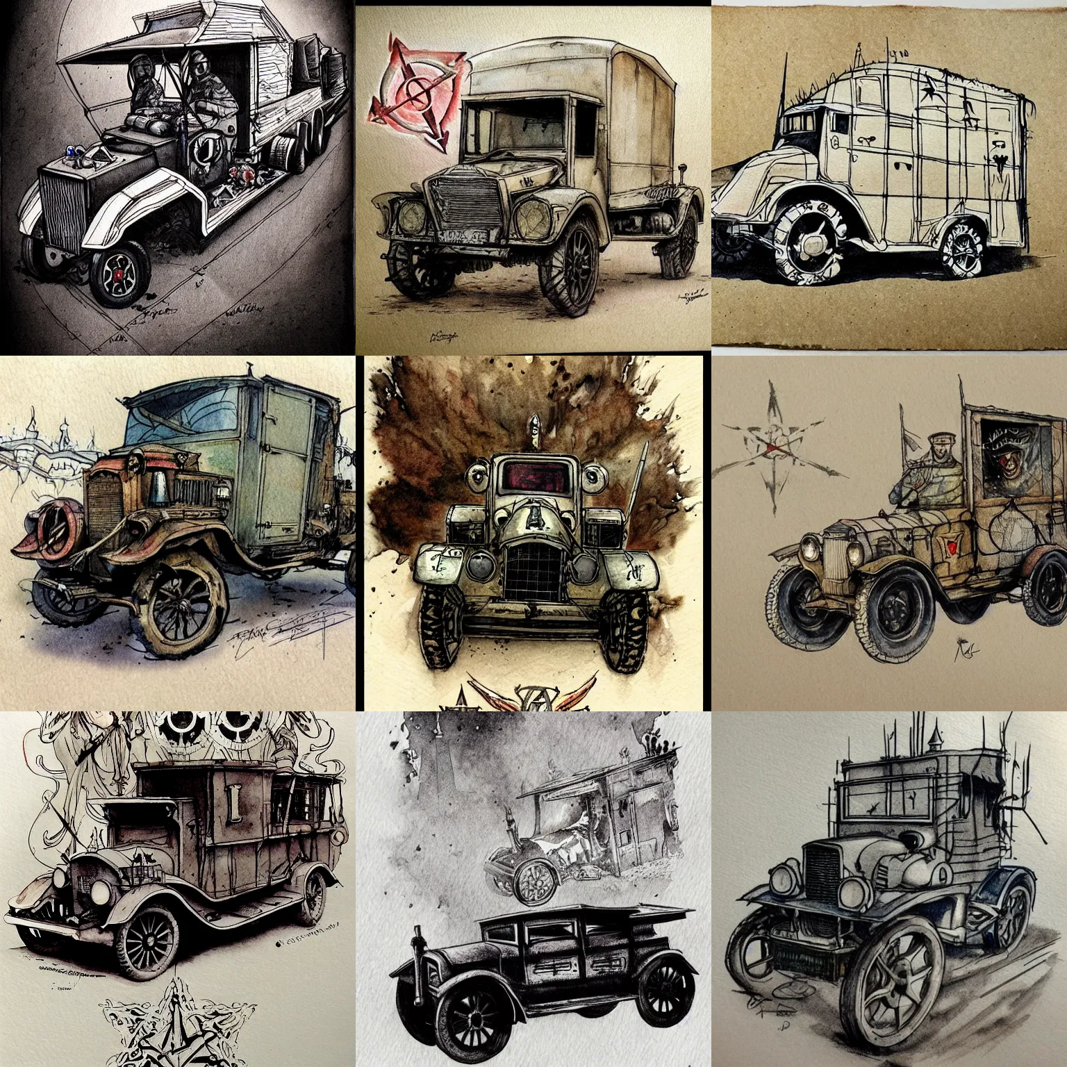 Prompt: beautiful aesthetic inspirational masterful professional ink pen and watercolor sketch of an occult mystical eerie satanic truck in ww 1 verdun, fine details, trending on artstation, high quality paper