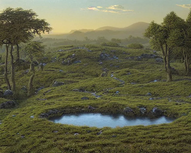 Prompt: a swampy hill landscape with a circle of finger - shaped stones, by ted nasmith