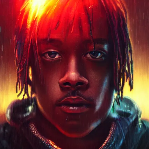 Image similar to cyberpunk, closeup portrait of a juice wrld, dramatic light, city background, sunset, dystopian setting, high contrast, sharp, neuromancer, henry dorsett case, painted by stanley lau, painted by greg rutkowski, painted by stanley artgerm, digital art, trending on artstation