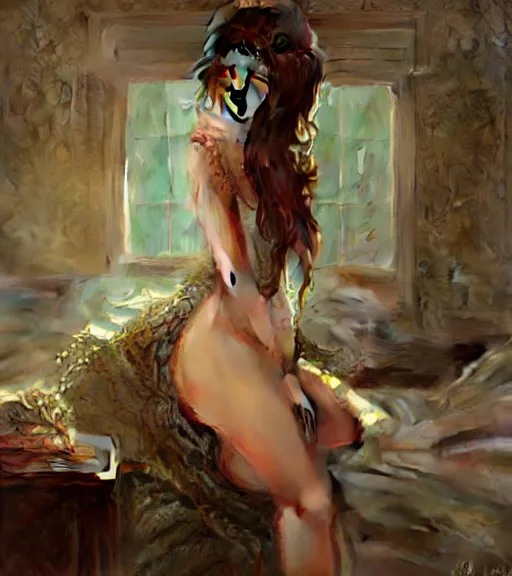 Image similar to emily ratajkowski, bedroom, intricate, elegant, highly detailed, digital painting, artstation, concept art, smooth, sharp focus, illustration, art by krenz cushart and artem demura and alphonse mucha