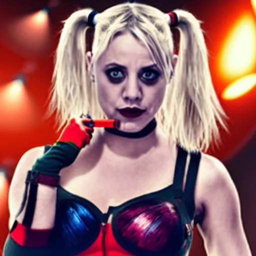 Image similar to A still of Kaley Cuoco as Harley Quinn