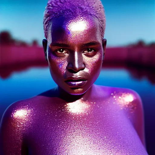 Image similar to portrait of african woman, iridescent metallic face, mercury, mirror reflections, smooth, liquid metal, proud, looking away, outdoor, blue sky, fashion advertising campaign, 8 k, realistic, depth of field, highly detailed, award winning photography, by richard mosse