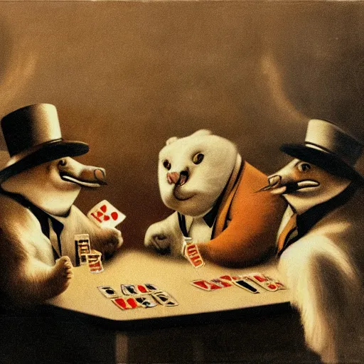 Prompt: fat animals gambling at a table with a single light overhead, dark room, smoke fills the room, roaring 2 0 s american art style