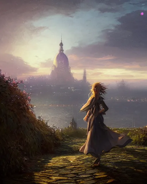 Prompt: over the shoulder landscape painting of violet evergarden, behind are distant lights from an old european city, next to the reflecting ocean, nighttime, long hair, by Philipp A. Urlich and Pengzhen Zhang and Andreas Rocha, fantasy, intricate, elegant, highly detailed, digital painting, artstation, blender, unreal engine 5, octane render, smooth, sharp focus, illustration