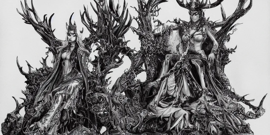 Prompt: a highly detailed ink drawing of beautiful evil queen sitting on a throne of stone antlers, crown of horns, uhd, 8 k, black and white, by esteban maroto, by mark schultz, by jeff smith, by saatchi art, meni chatzipanagiotou, concept art, trending on artstation