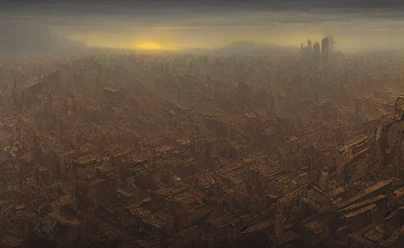 Prompt: A detailed painting of a devastated city whatched by a big skull madr in thr style of Beksinski