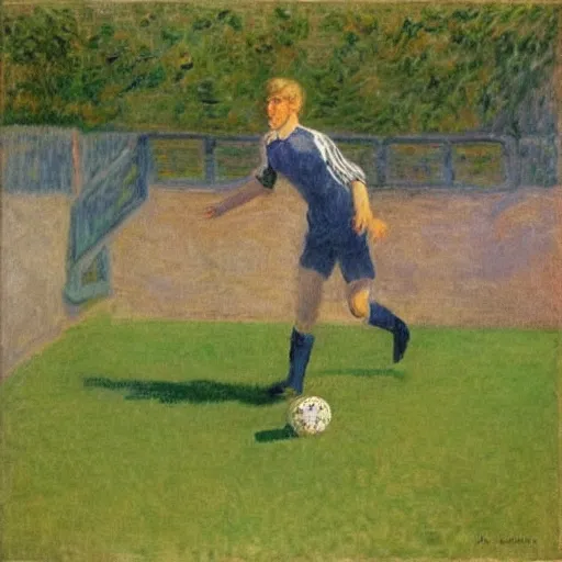 Prompt: monet painting of a skinny blonde man getting hit in the groin with a soccer ball, highly detailed, realistic,