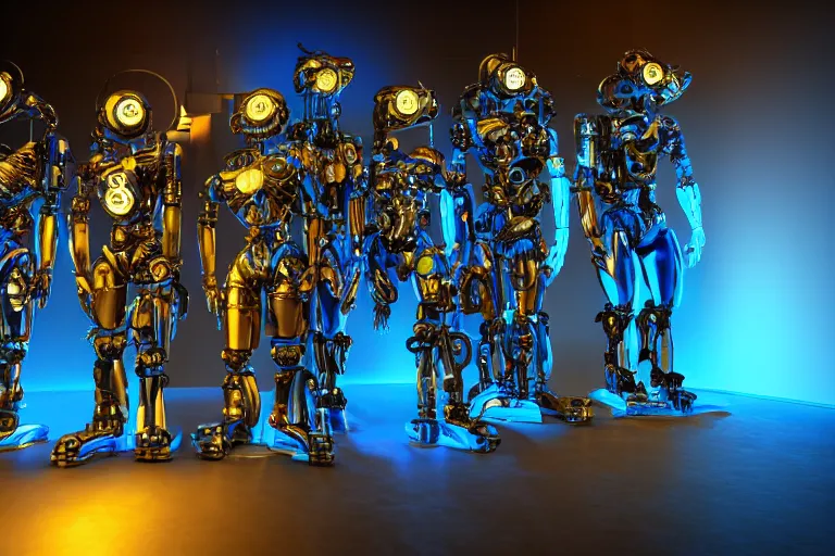 Prompt: a queue of 7 golden and blue metal humanoid steampunk robots wearing and gears and tubes, eyes are glowing red lightbulbs, shiny crisp finish, 3 d render, 8 k, insaneley detailed, fluorescent colors, background is an entrance door to a futuristic nightclub, nightlight