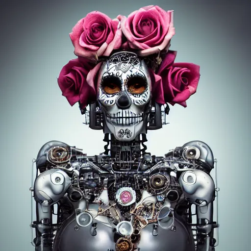 Image similar to a beautiful intricate fine art portrait photo of a a mechanical industrial steampunk cybernetic robot with sugar skull makeup, by tom bagshaw and zach sutton, roses surrounding the robot, perfection!, milk bath photography, studio lighting, 35mm lens, very detailed, bionic, cybernetic scifi, deep depth of field, artstation, 8K, highly coherent