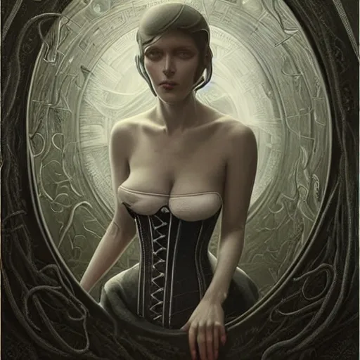 Prompt: by Tom Bagshaw, ultra realist soft painting of lovecraft and giger world of curiosities, single female in a corset, tentacles, partial symmetry accurate features, very intricate details, focus, curvy, award winning, ultra dense fog