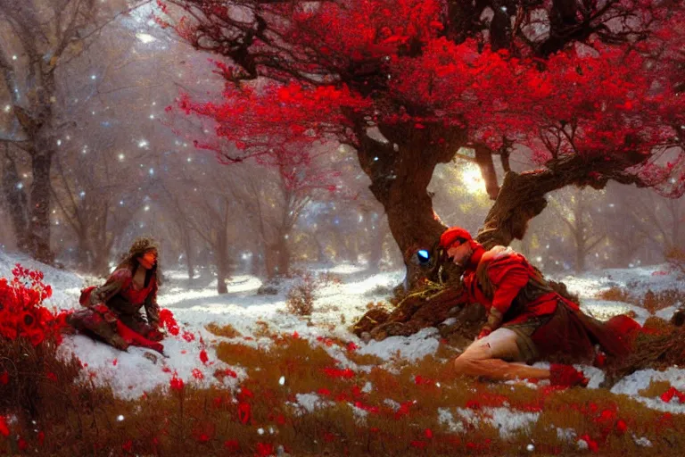 Prompt: winter, a male warrior relaxing under a huge tree with red flowers, ground covered with snow, extreme long shot, fantasy, painting by gaston bussiere, craig mullins, j. c. leyendecker, trending on artstation