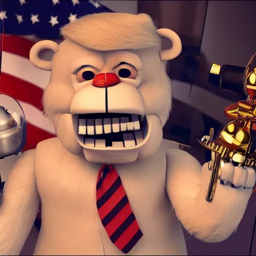 Image similar to Donald Trump with Five Nights At Freddy body, realistic artstyle, wide shot, dramatic lighting, octane render, hyperrealistic, high quality, highly detailed, HD, beautiful, cinematic, 8k, unreal engine, facial accuracy, symmetrical