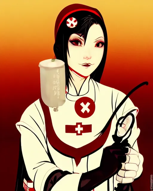 Image similar to beautiful female vampire nurse, symmetrical face, evil grin, nurse outfit, cinematic, dramatic, super detailed and intricate, 4 k render, by koson ohara, by darwyn cooke, by satoshi kon