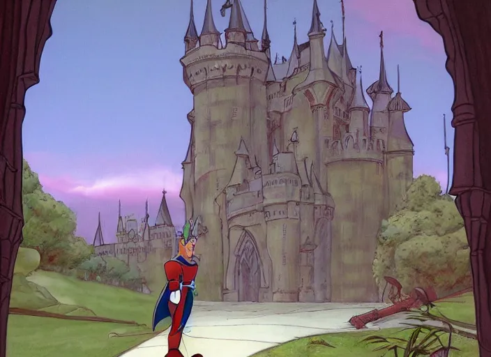 Image similar to animation key shot of a knight, gothic castle in the background, by don bluth