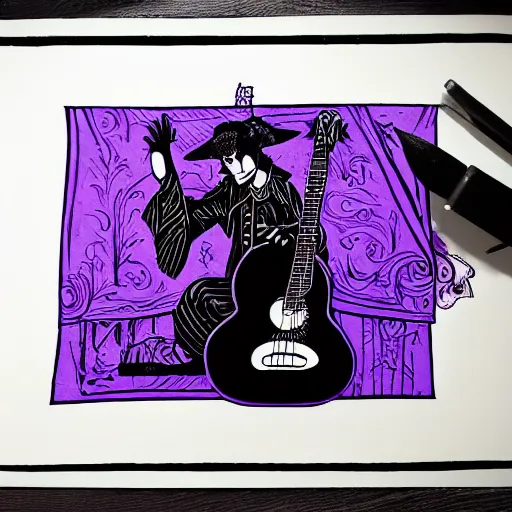 Image similar to black white purple painting on black paper, folkloric illustration , the guitar player , tarot by Andreas Rocha