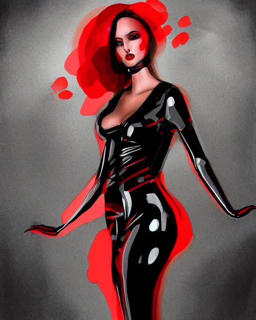 Image similar to Digital painting of a female model posing in a black latex dress, gothic, short red hair, black and red tones, dramatic background, concept art