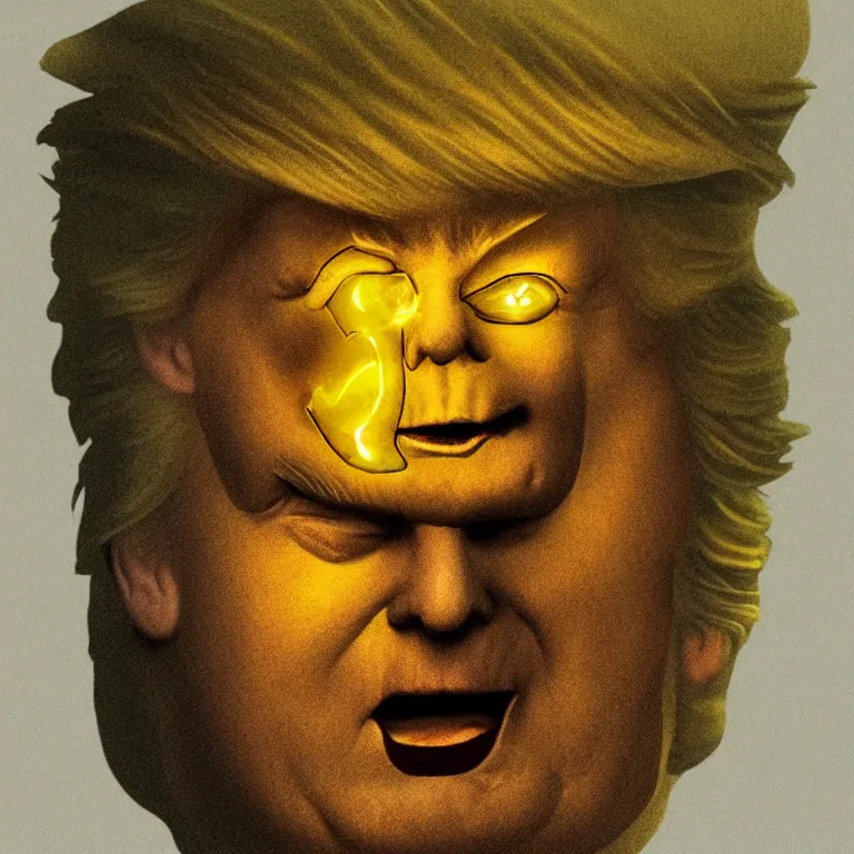 Prompt: a cartoon face, in the likeness of Donald Trump, with glowing yellow eyes, in style of Tom Bagshaw