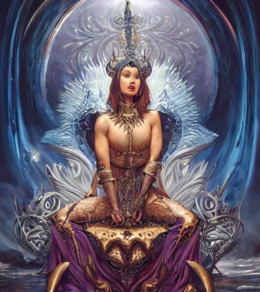 Image similar to a highly detailed painting of a female fantasy demon priestess sitting on a throne, art by artgerm, karol bak and mark brooks, centered, symmetrical, aesthetically pleasing
