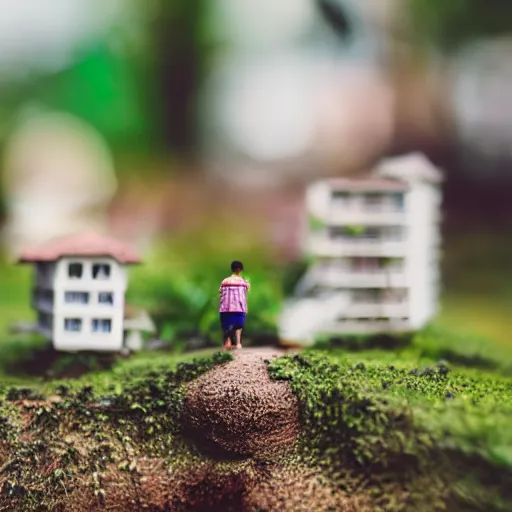 Image similar to macro photo of a miniature secret hidden world with tiny buildings and people inside of a coconut